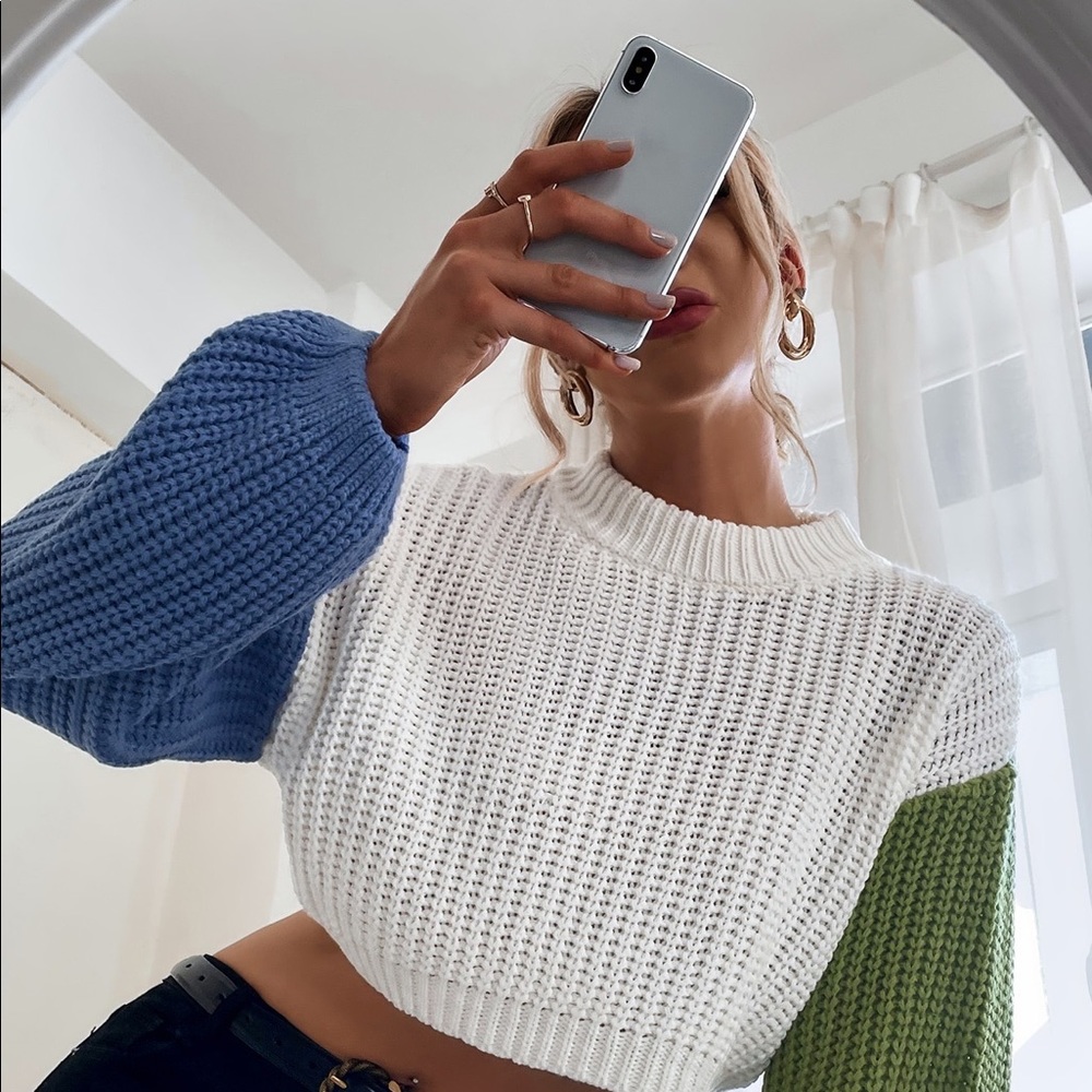 SHEIN Crop Top Sweater (Large) (Green / White / Green)
